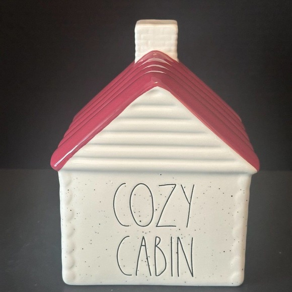 Rae Dunn "Cozy Cabin" Ceramic Log Cabin Burgundy Winter Christmas Chimney NEW - Picture 8 of 8